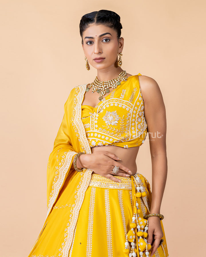 Bright Yellow Unstitched Embroidered Lehenga With Dupatta