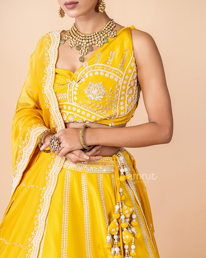 Bright Yellow Unstitched Embroidered Lehenga With Dupatta