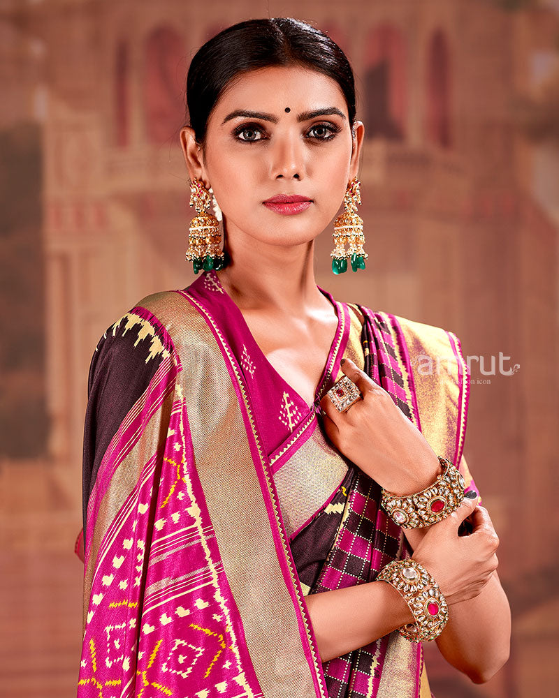 Brown Cotton Silk Saree With Patola Print and Pink Pallu