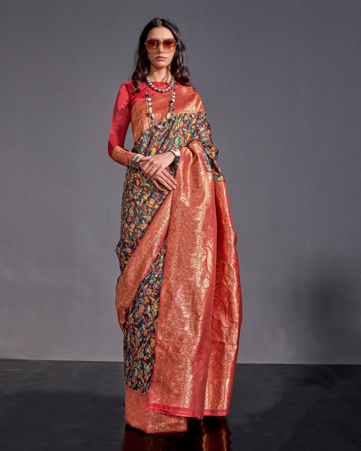 Brown Silk Floral Embroidered Saree With Zari Work Pallu