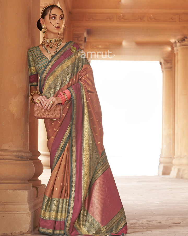 Brown Silk Saree and Zari Pallu with Unstitch Blouse