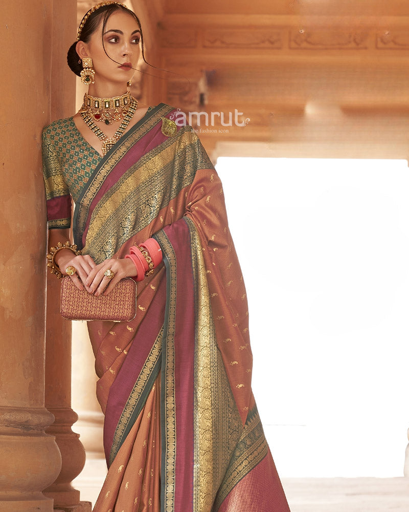 Brown Silk Saree and Zari Pallu with Unstitch Blouse