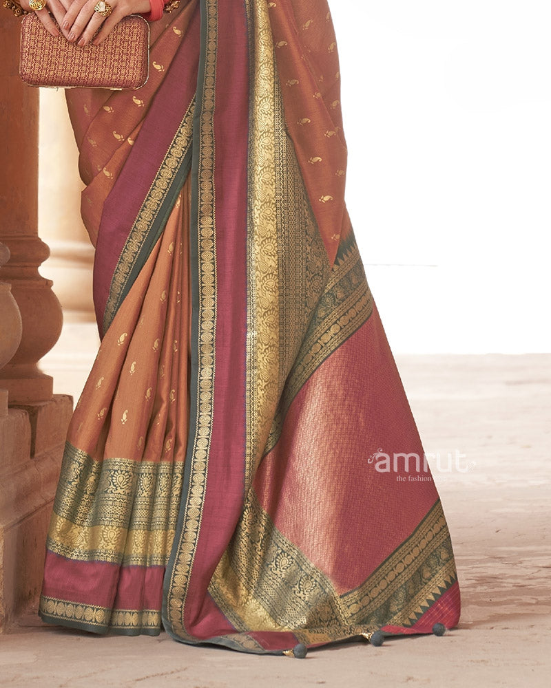 Brown Silk Saree and Zari Pallu with Unstitch Blouse