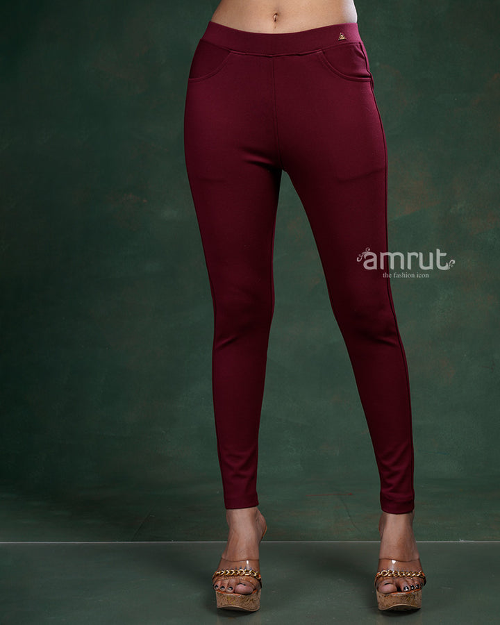 Maroon Slim Fit Jeggings With Side Pockets