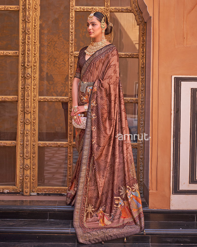 Brown Digital Print Embellished Saree with Unstitched Blouse and Belt 01