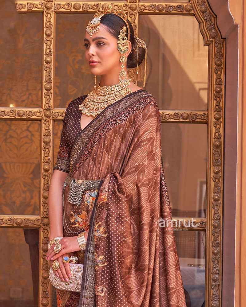 Brown Digital Print Embellished Saree with Unstitched Blouse and Belt 02