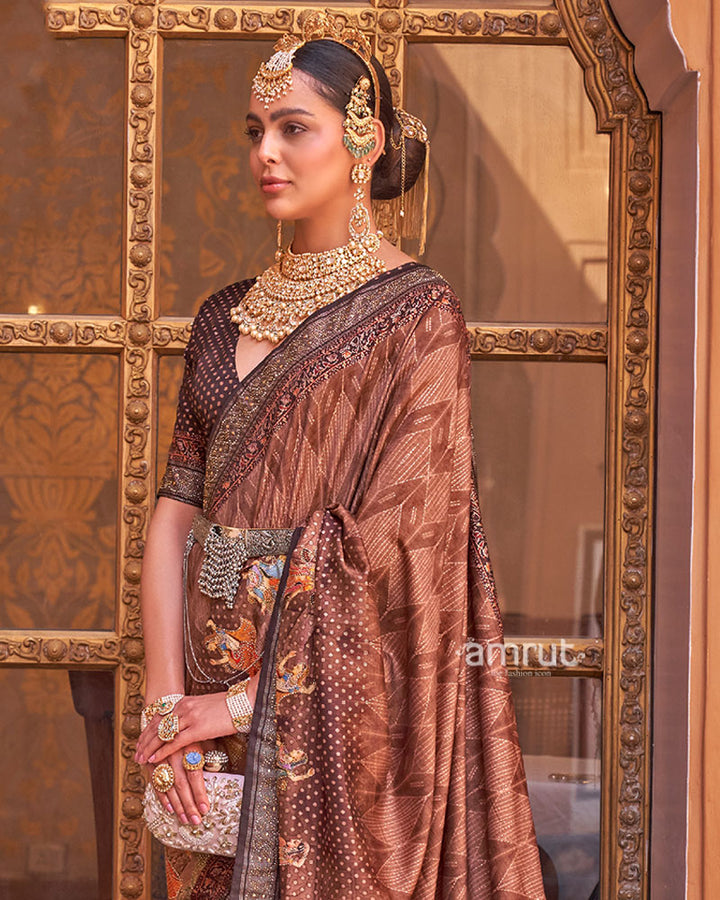 Brown Digital Print Embellished Saree with Unstitched Blouse and Belt 02