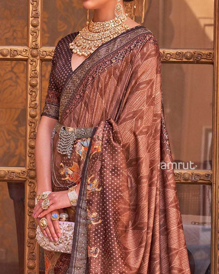 Brown Digital Print Embellished Saree with Unstitched Blouse and Belt 03