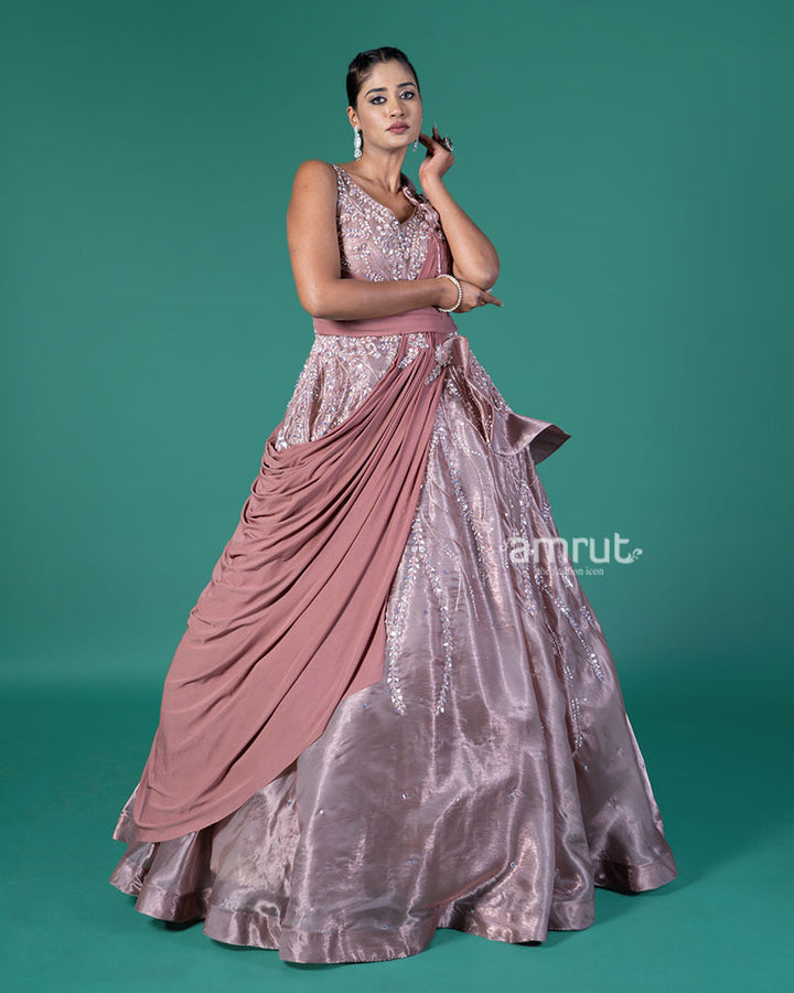 Brown Embellished Gown with Draped Dupatta 01