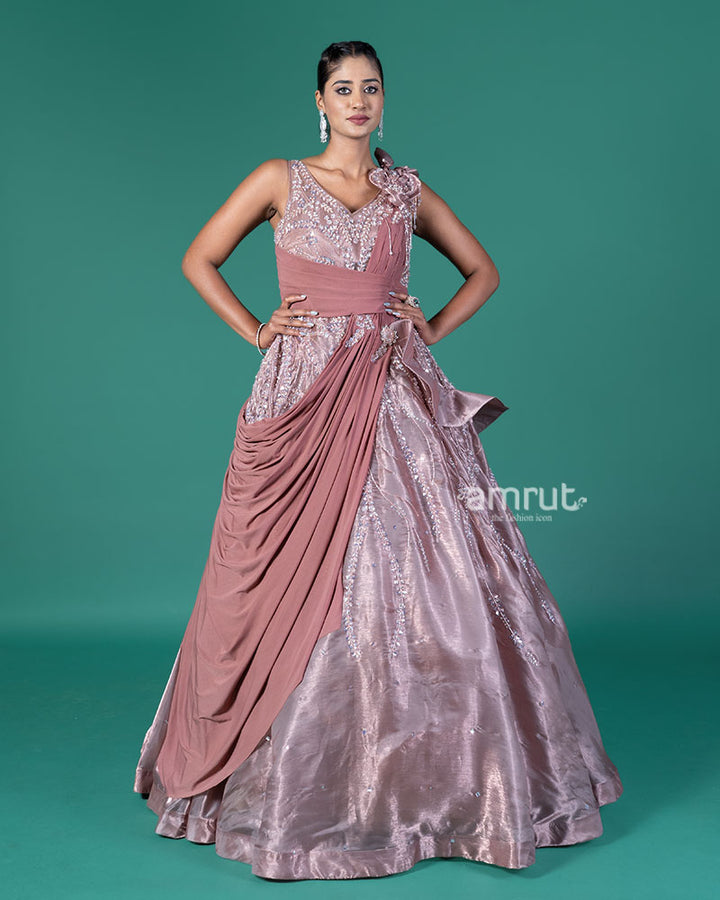 Brown Embellished Gown with Draped Dupatta 04