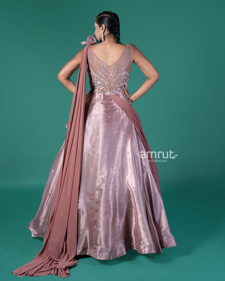Brown Embellished Gown with Draped Dupatta 05