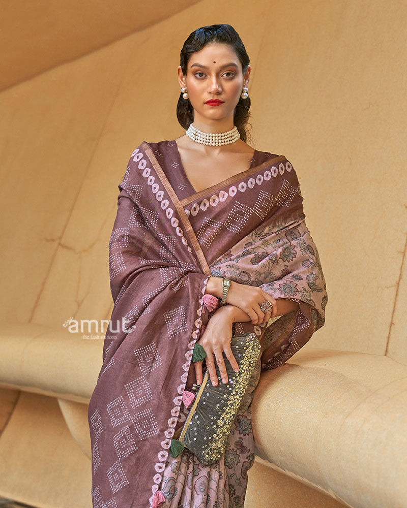 Brown Floral Printed Cotton Saree with Unstitched Blouse  02