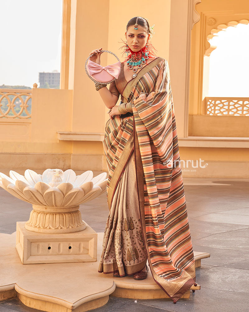Brown and Beige Printed Silk Saree with Unstitched Blouse 01