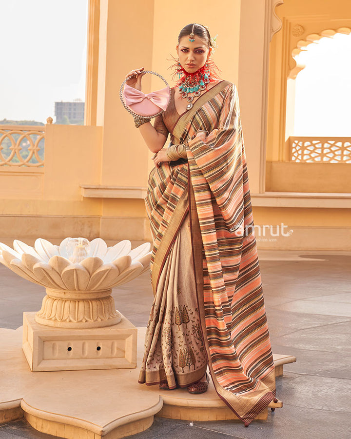 Brown and Beige Printed Silk Saree with Unstitched Blouse 01