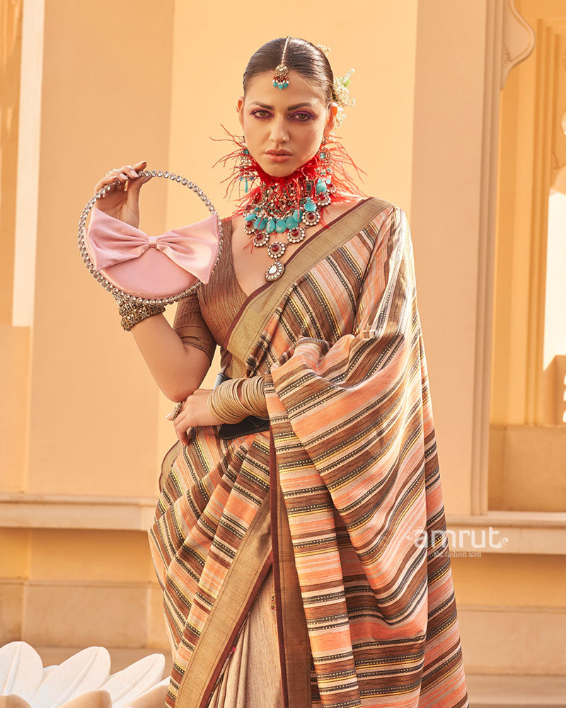 Brown and Beige Printed Silk Saree with Unstitched Blouse 02