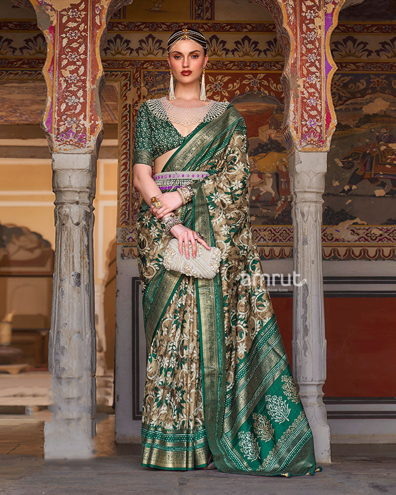 Brown and Green Floral Printed Patola Saree with Zari Woven Border and Unstitched Blouse 01