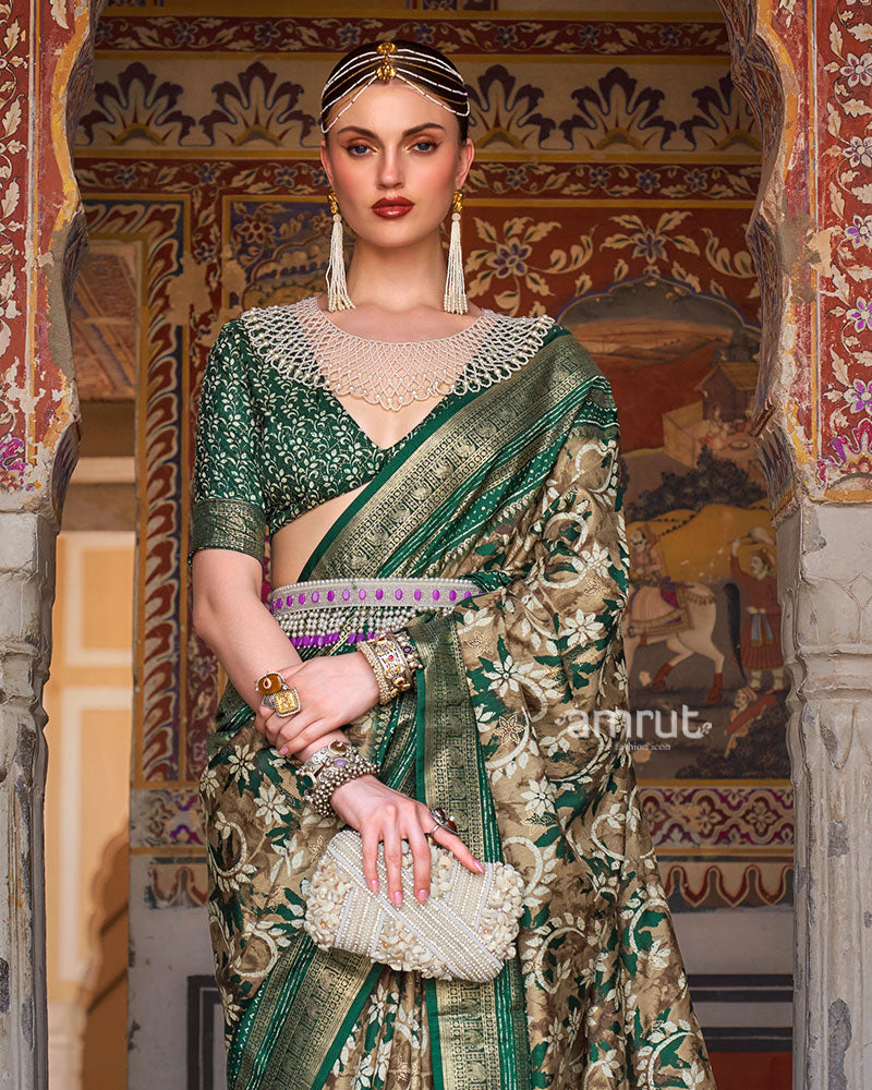 Brown and Green Floral Printed Patola Saree with Zari Woven Border and Unstitched Blouse 02