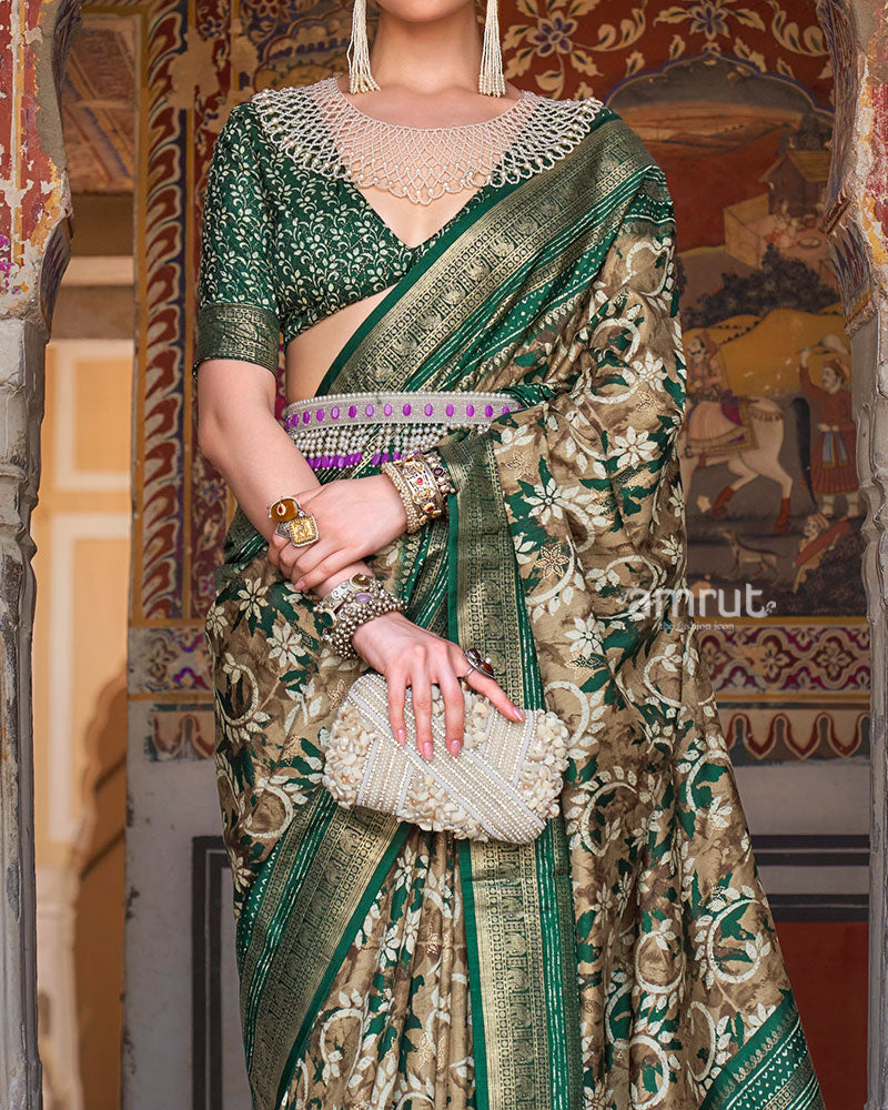 Brown and Green Floral Printed Patola Saree with Zari Woven Border and Unstitched Blouse 03