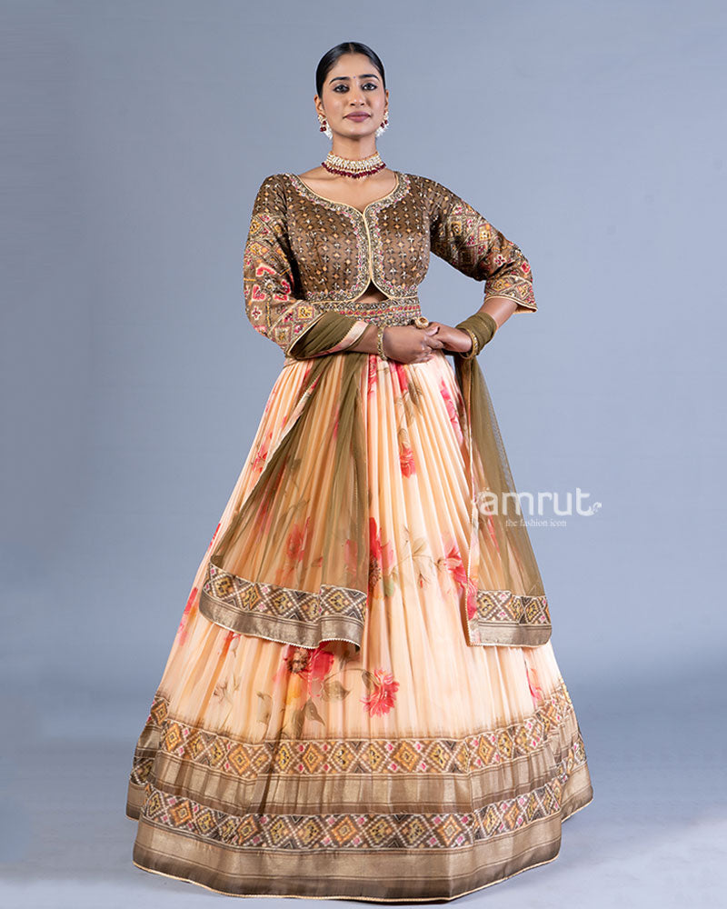 Brown and Peach Layered Pleated Gown with Golden Embellishments and Dupatta 01