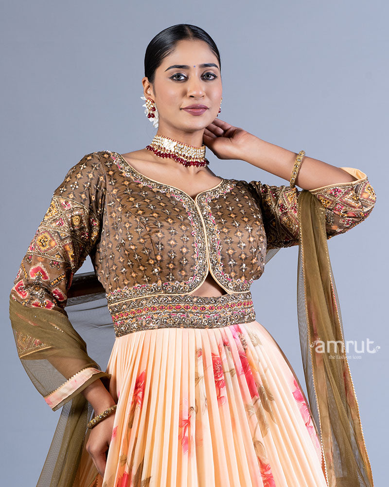 Brown and Peach Layered Pleated Gown with Golden Embellishments and Dupatta 02