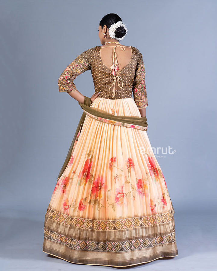 Brown and Peach Layered Pleated Gown with Golden Embellishments and Dupatta 03