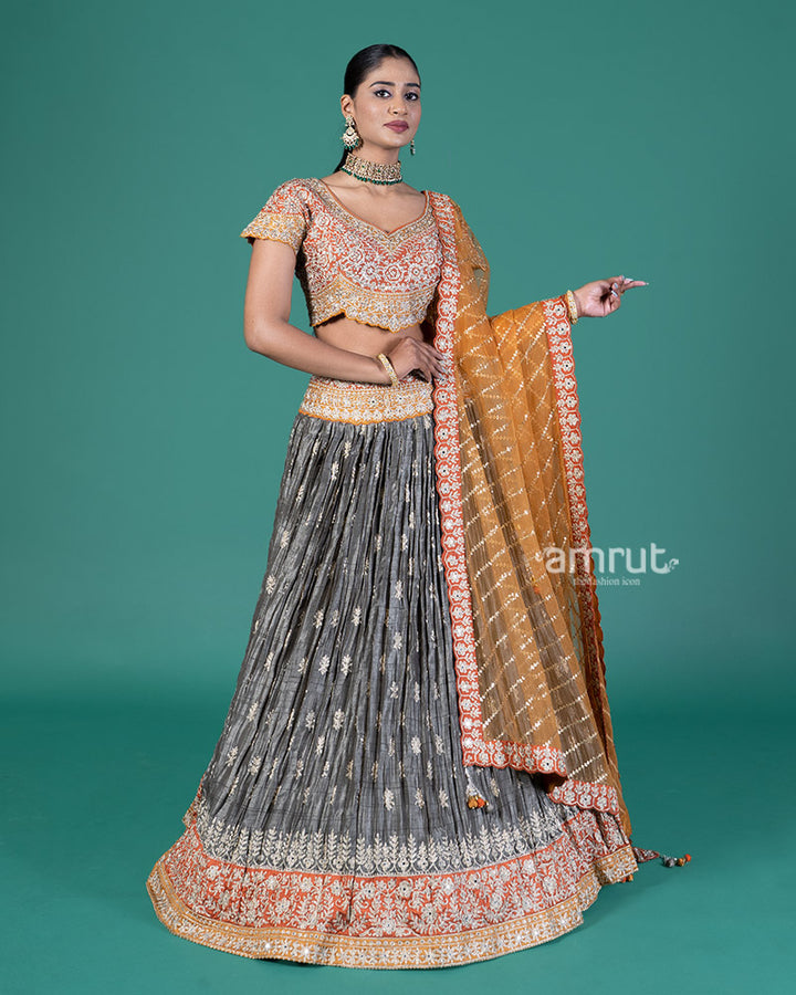 Burnt Orange and Grey Embellished Lehenga Choli with Dupatta 01