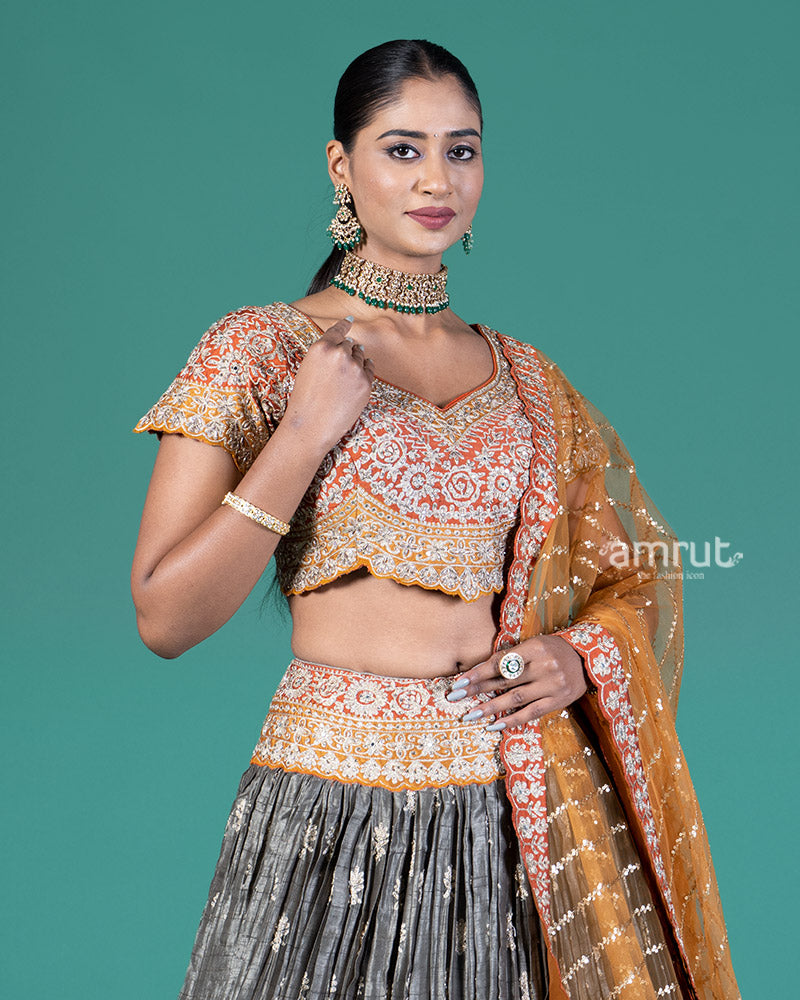 Burnt Orange and Grey Embellished Lehenga Choli with Dupatta 02
