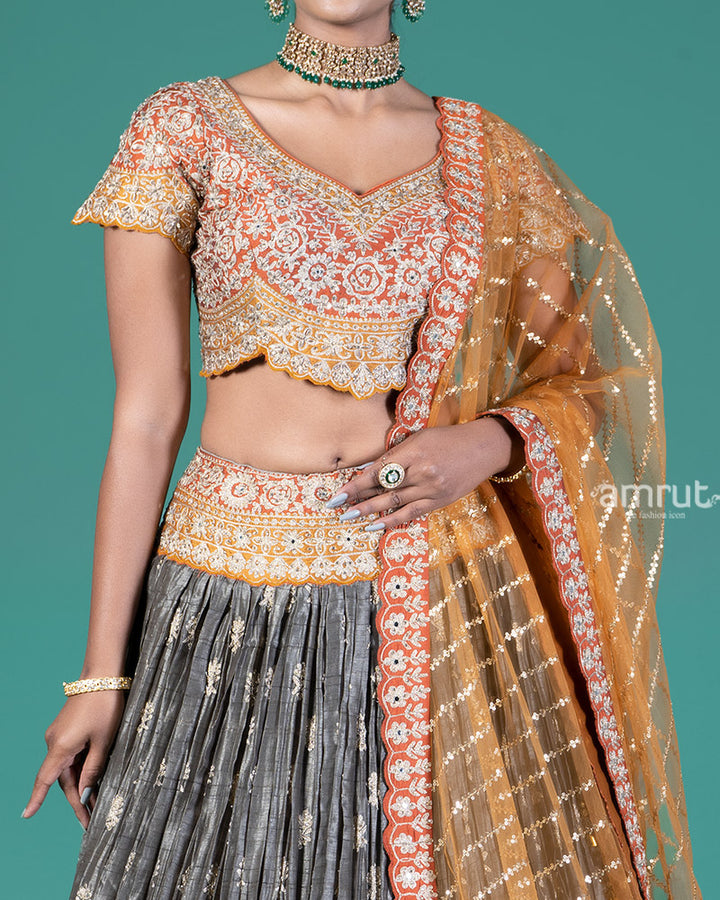 Burnt Orange and Grey Embellished Lehenga Choli with Dupatta 03