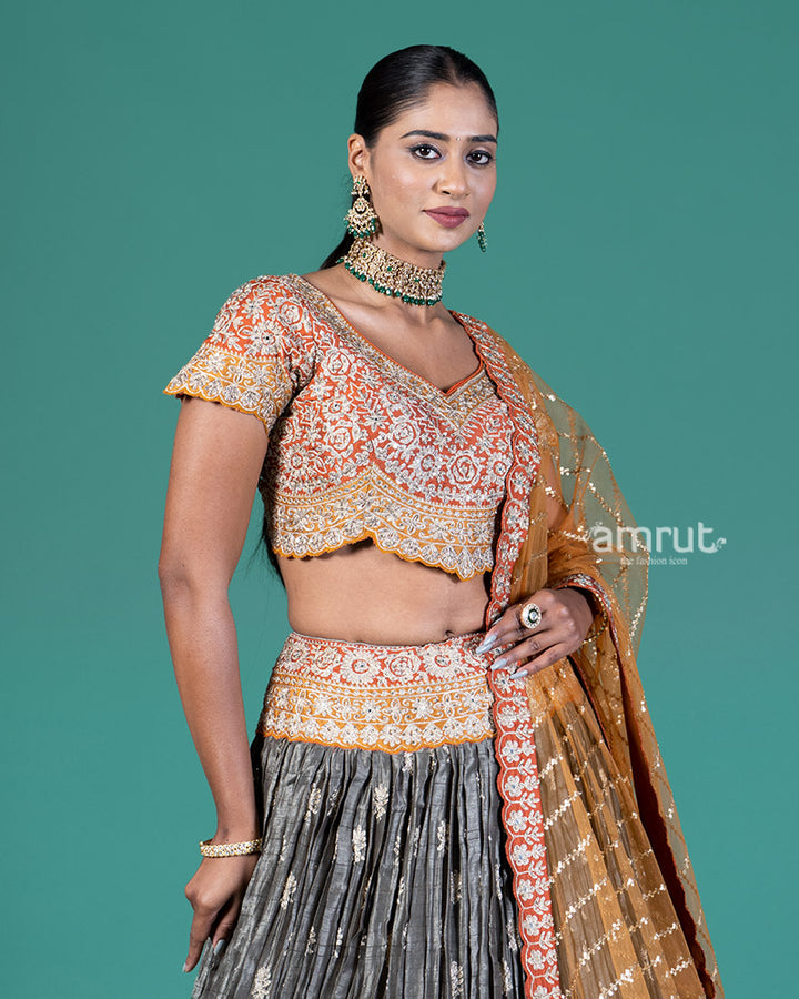 Burnt Orange and Grey Embellished Lehenga Choli with Dupatta 04
