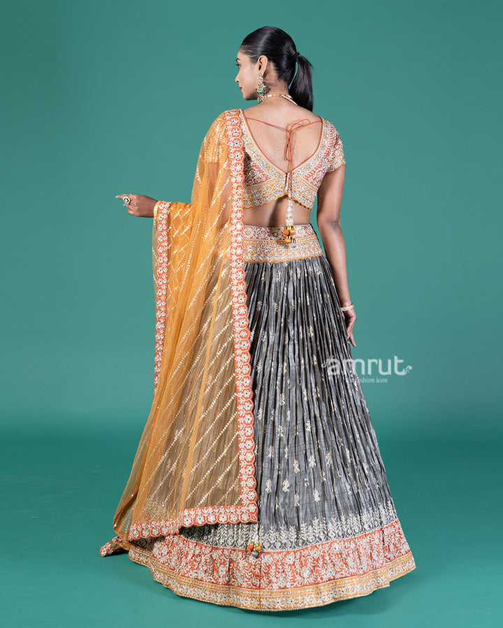 Burnt Orange and Grey Embellished Lehenga Choli with Dupatta 05