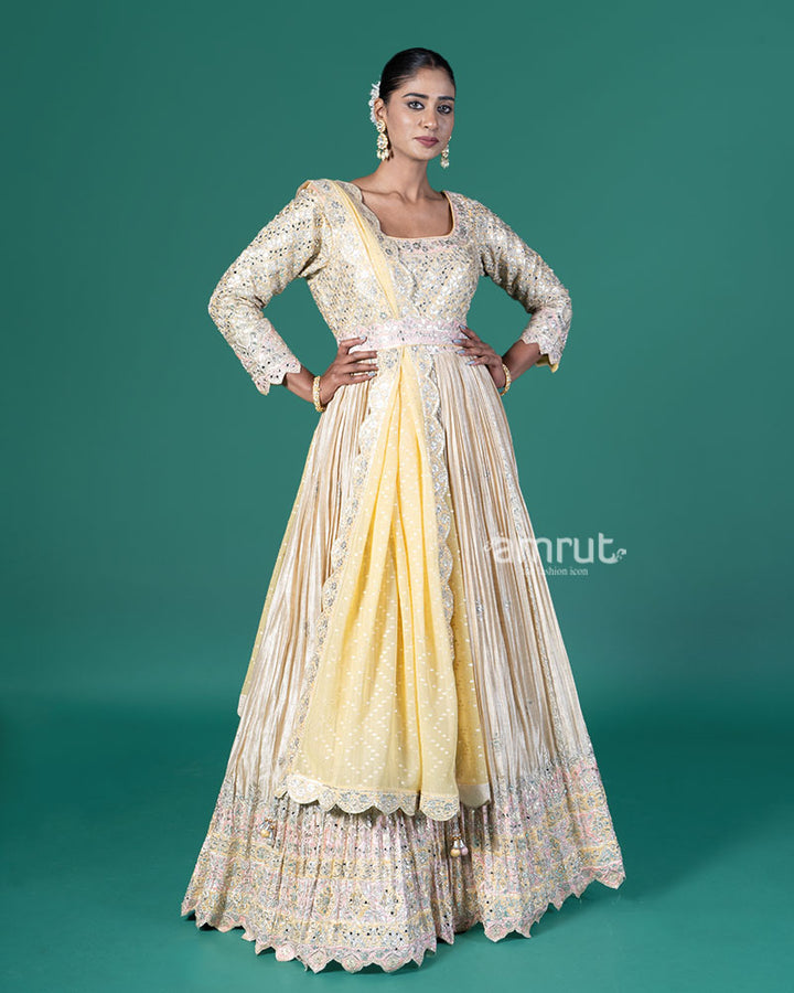 Butter yellow Embellished Anarkali with Yellow Dupatta 04