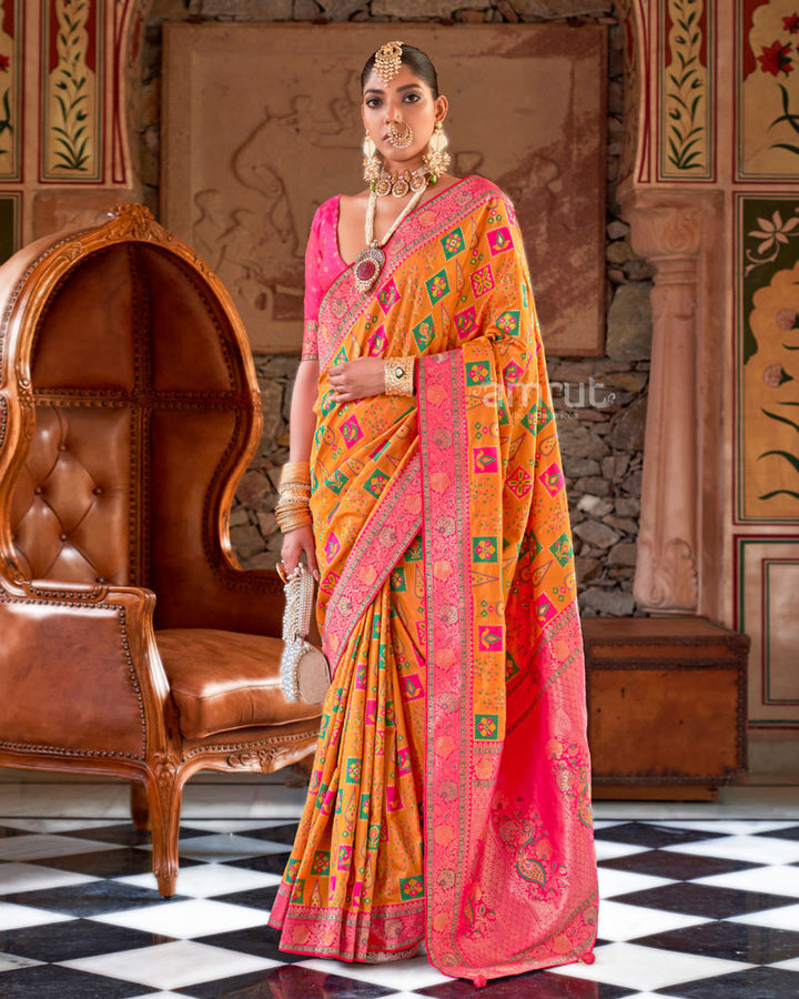 Orange Silk Traditional Saree With Unstitched Blouse