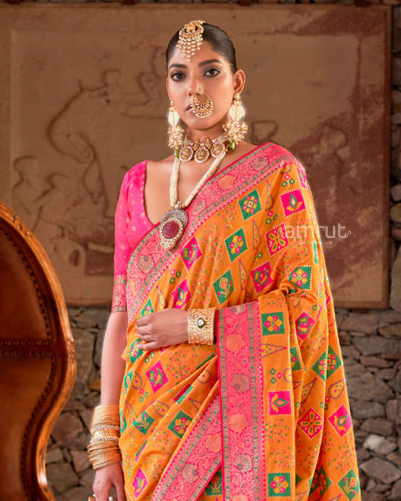 Orange Silk Traditional Saree With Unstitched Blouse