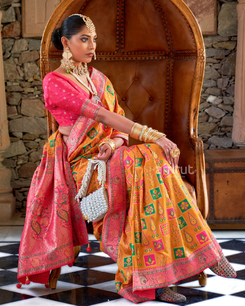 Orange Silk Traditional Saree With Unstitched Blouse