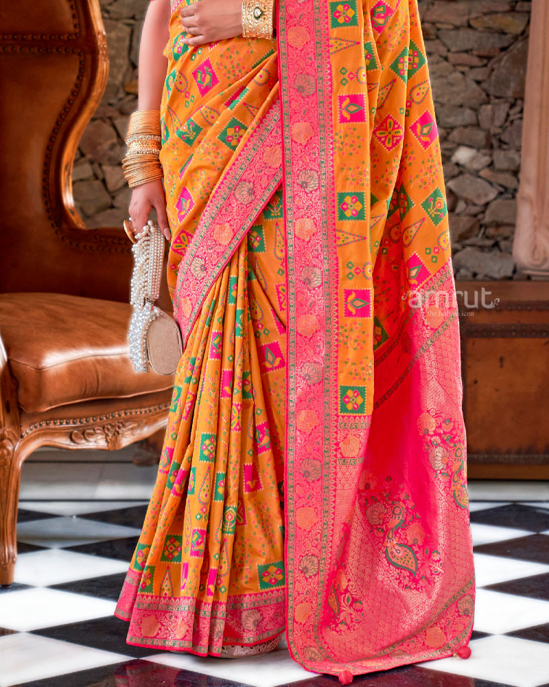 Orange Silk Traditional Saree With Unstitched Blouse