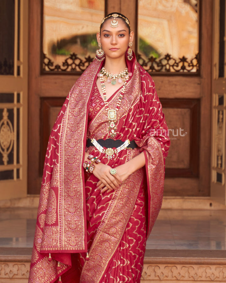 Cardinal Red Foil Printed Silk Saree With Unstitched Blouse