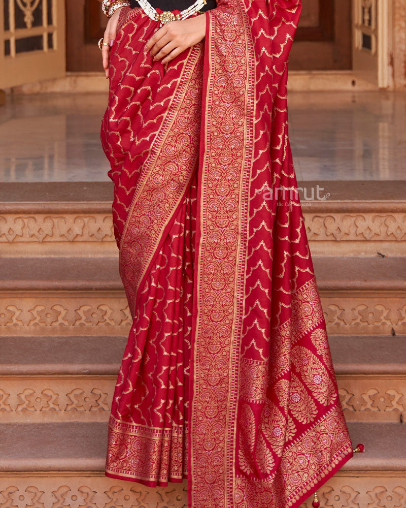 Cardinal Red Foil Printed Silk Saree With Unstitched Blouse