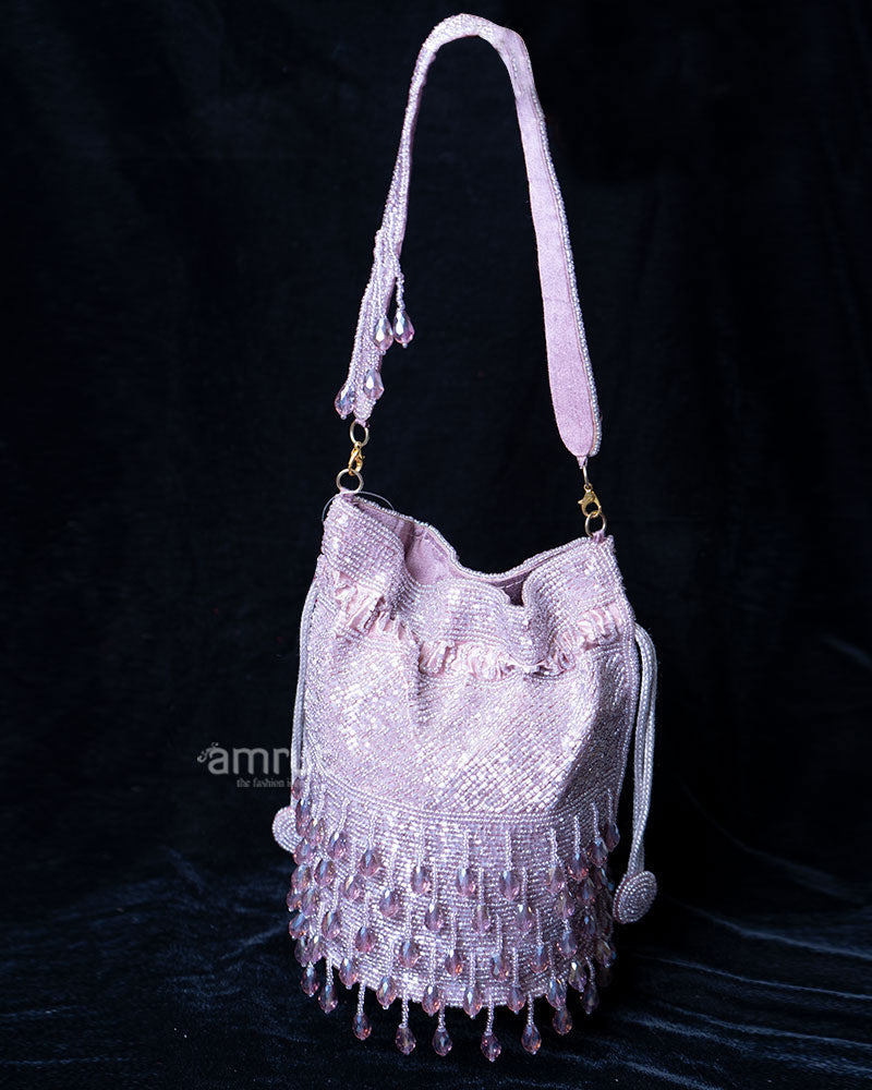 Cascading Iridescent Beaded Light Purple Drawstring Potli Bag 01