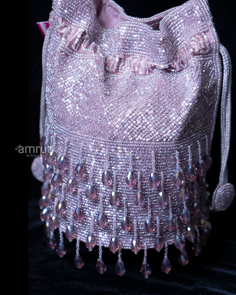 Cascading Iridescent Beaded Light Purple Drawstring Potli Bag 02