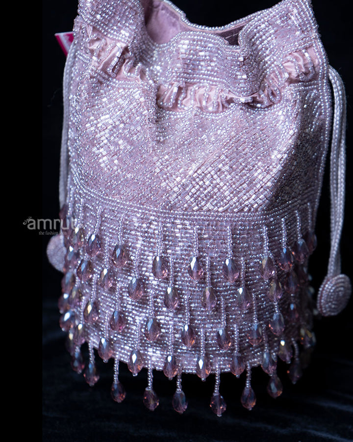 Cascading Iridescent Beaded Light Purple Drawstring Potli Bag 02