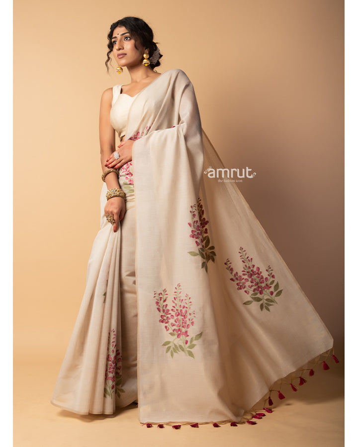 Cashmere Color Printed Saree With Unstitched-blouse