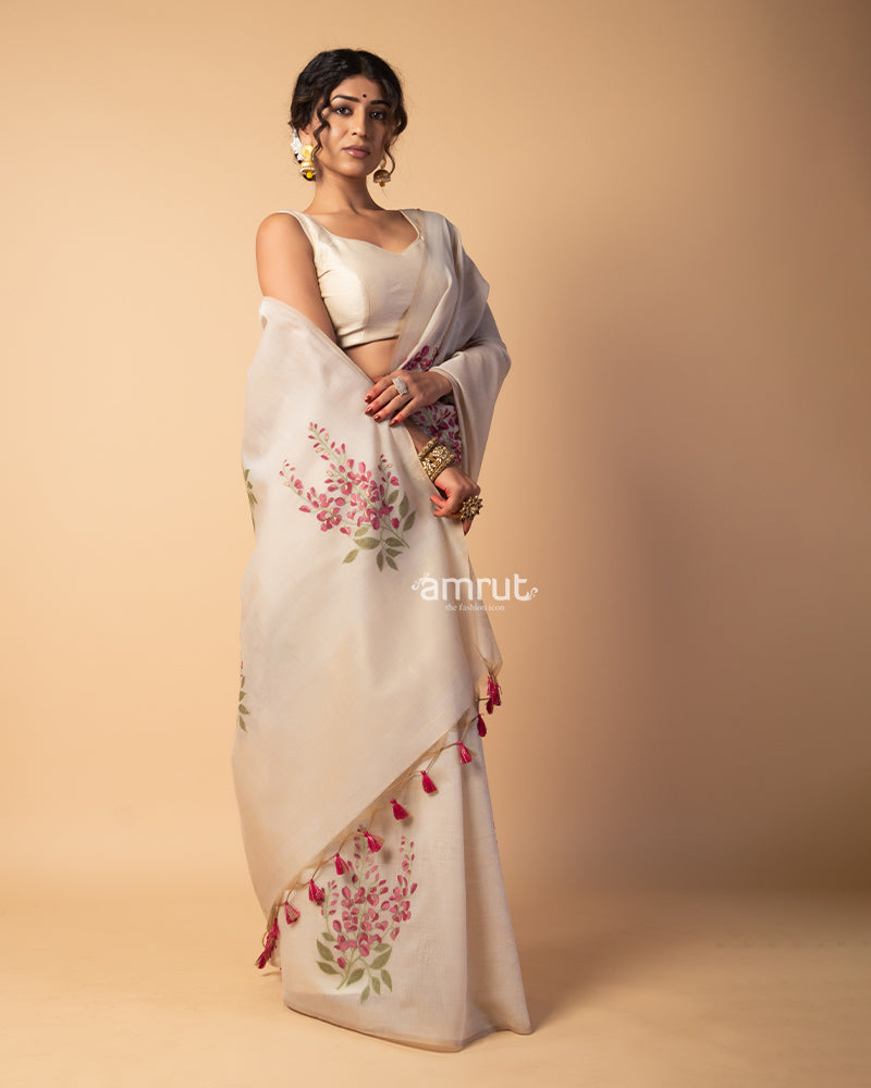 Cashmere Color Printed Saree With Unstitched-blouse