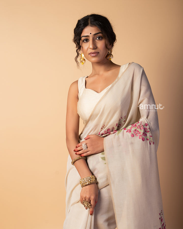 Cashmere Color Printed Saree With Unstitched-blouse