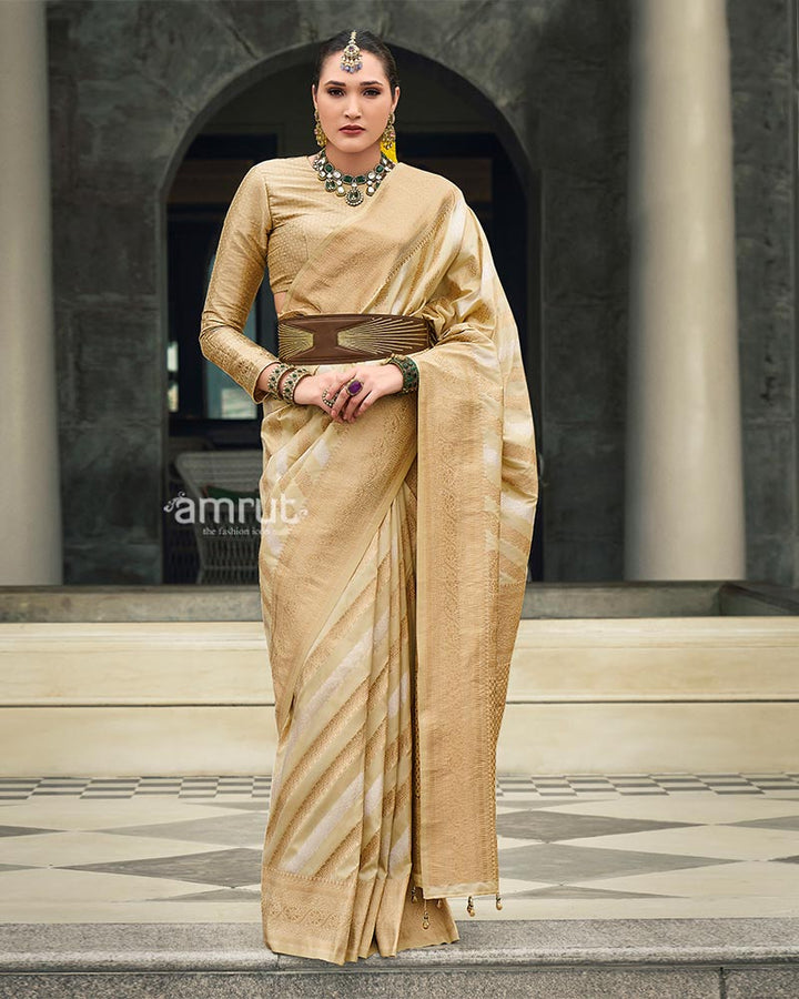 Champagne Beige Banarasi Silk Saree with Tonal Zari Weaving and Unstitched Blouse 01