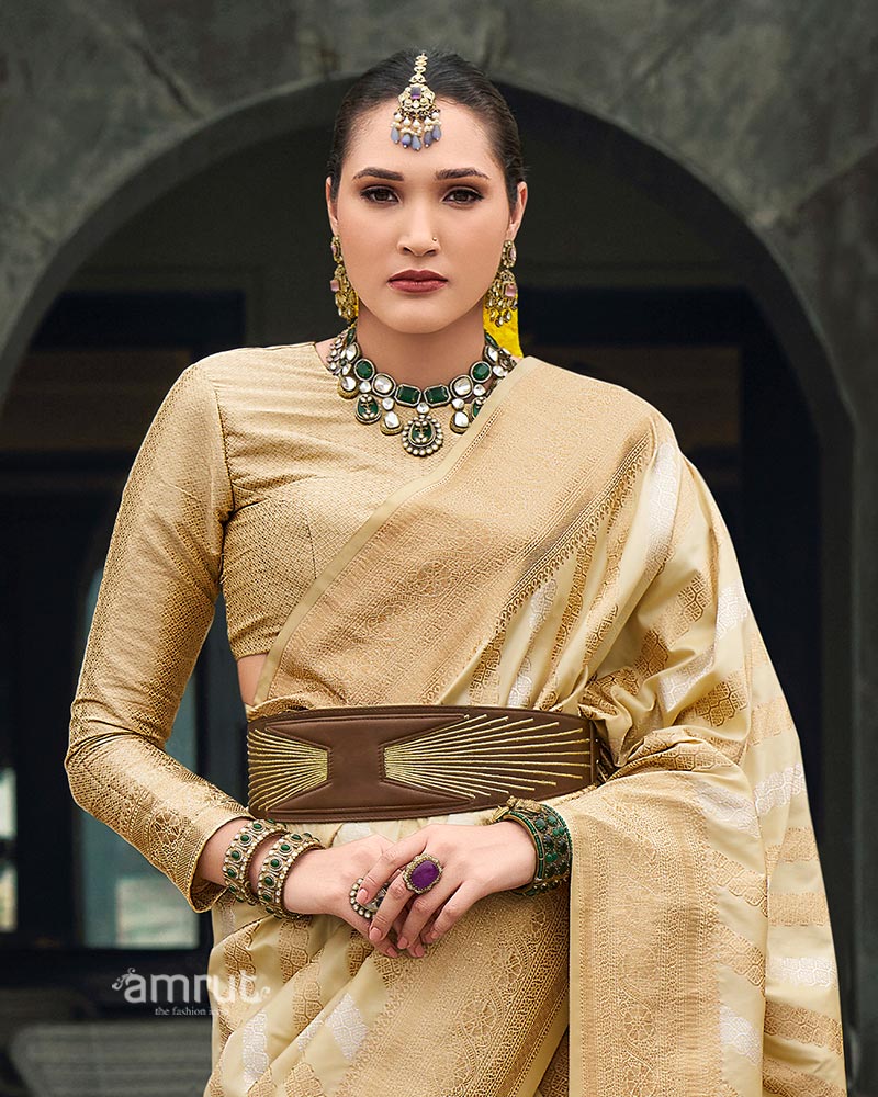 Champagne Beige Banarasi Silk Saree with Tonal Zari Weaving and Unstitched Blouse 02