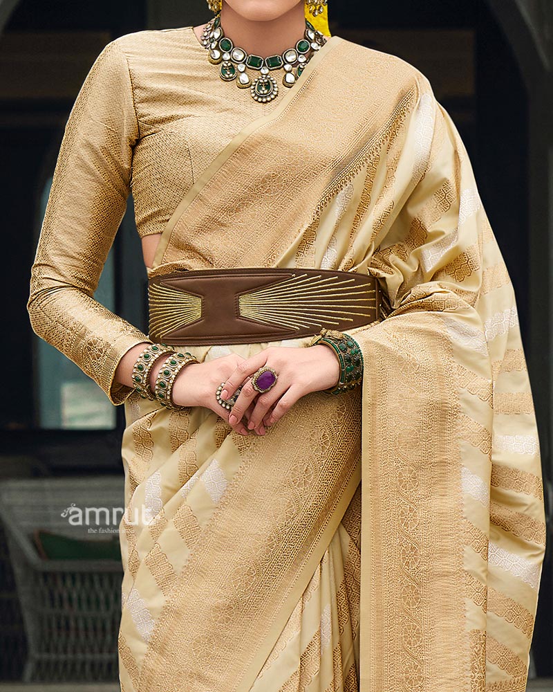 Champagne Beige Banarasi Silk Saree with Tonal Zari Weaving and Unstitched Blouse 03