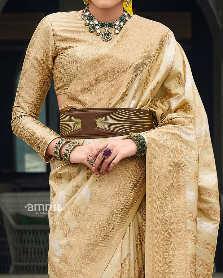 Champagne Beige Banarasi Silk Saree with Tonal Zari Weaving and Unstitched Blouse 03