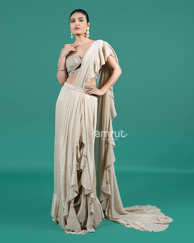 Champagne Gold Ruffle Drape Saree with Embellished Cold-Shoulder Blouse 01