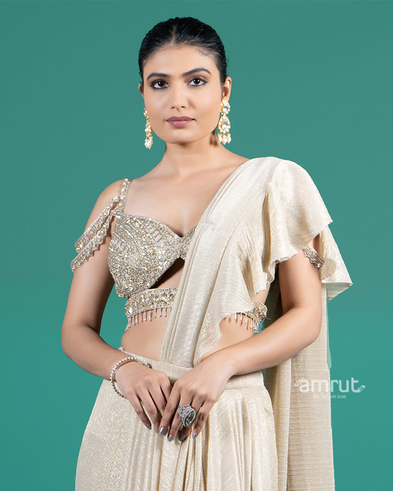 Champagne Gold Ruffle Drape Saree with Embellished Cold-Shoulder Blouse 02