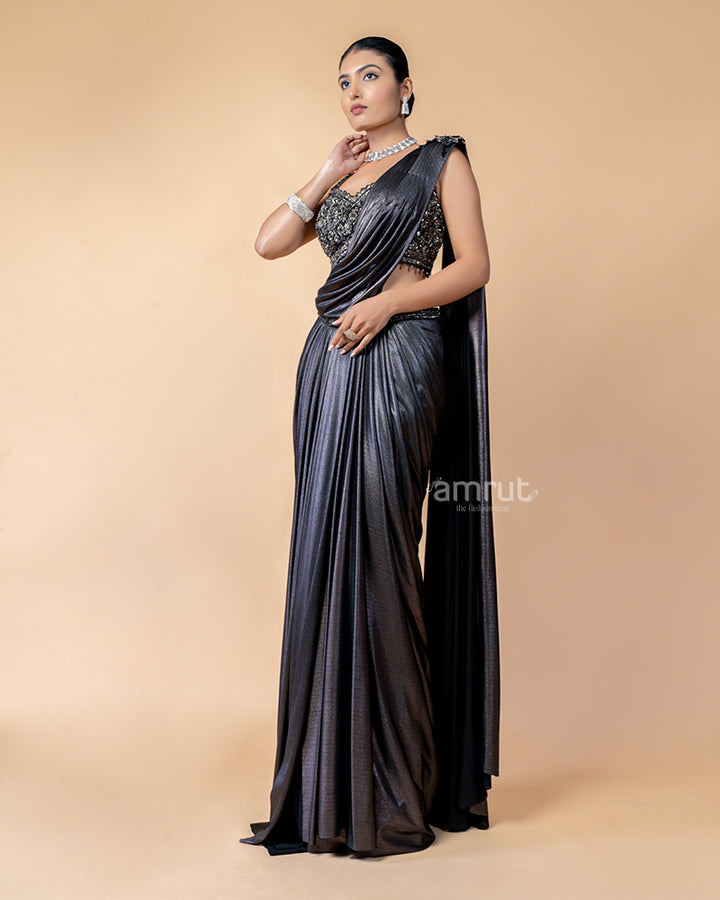 Charcoal Black Ready-to-Wear Saree with Embroidered Blouse